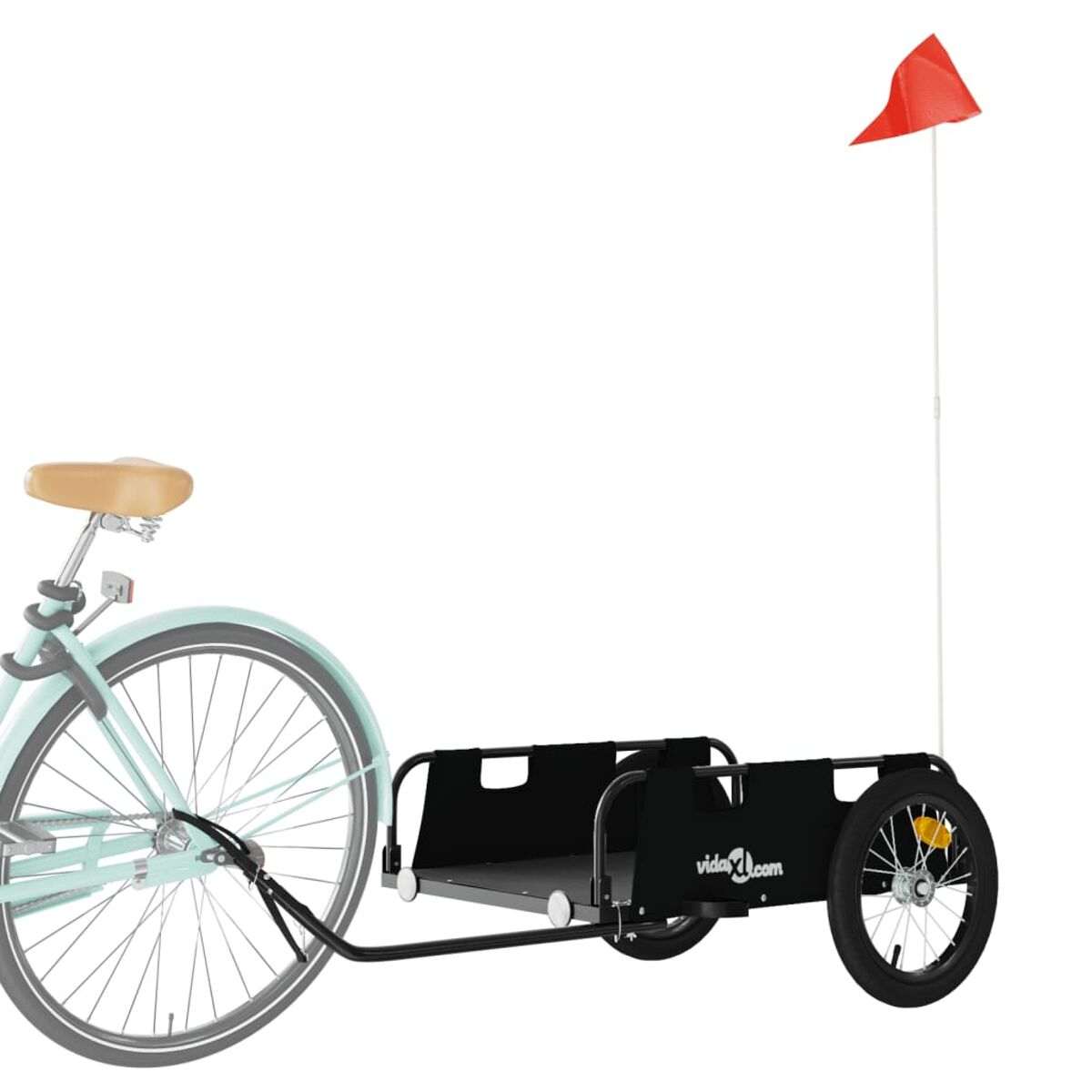 Fahrradanhänger mit roter Fahne. Der Anhänger ist schwarz und hat vidaXL.com.