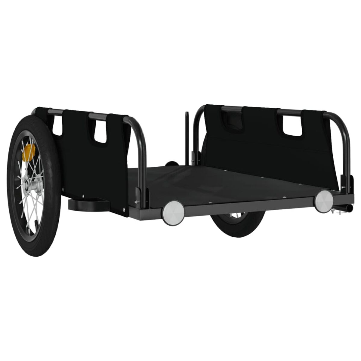 Schwarzer Anhänger mit Rad, Plattform und zwei schwarzen Seitenwänden.