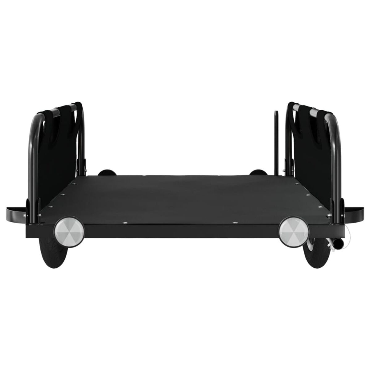 Schwarzer Wagen mit Rädern. Flache schwarze Oberfläche. Zwei Griffe an den Seiten. Weißer Hintergrund.