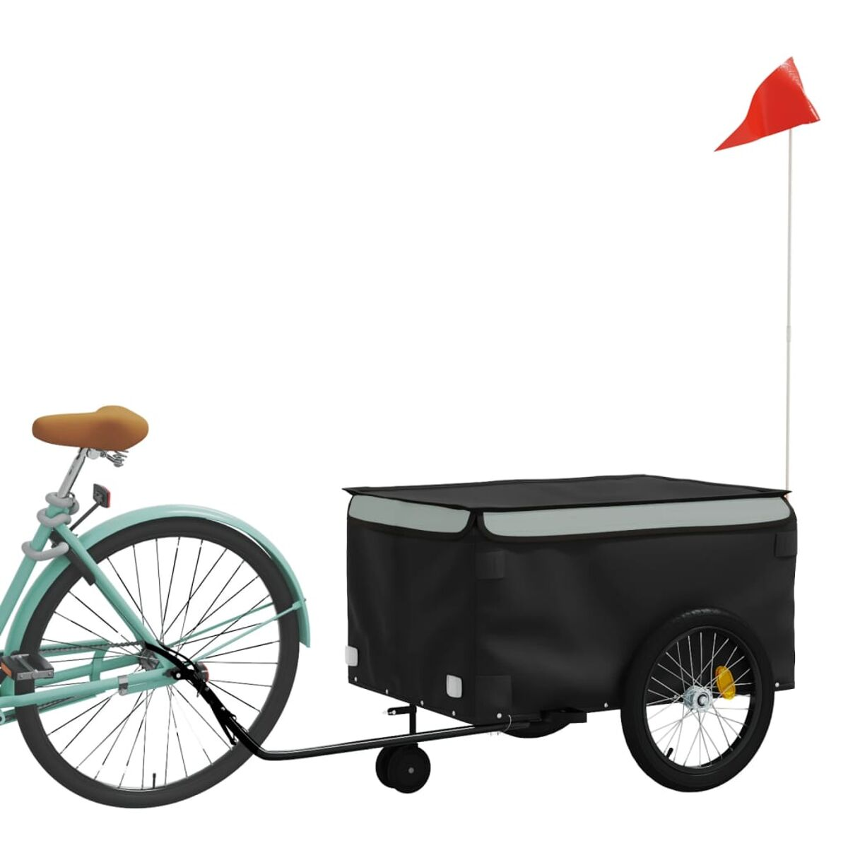 Ein Fahrrad, das einen schwarzen Anhänger mit roter Fahne zieht. Das Fahrrad ist hellblau.