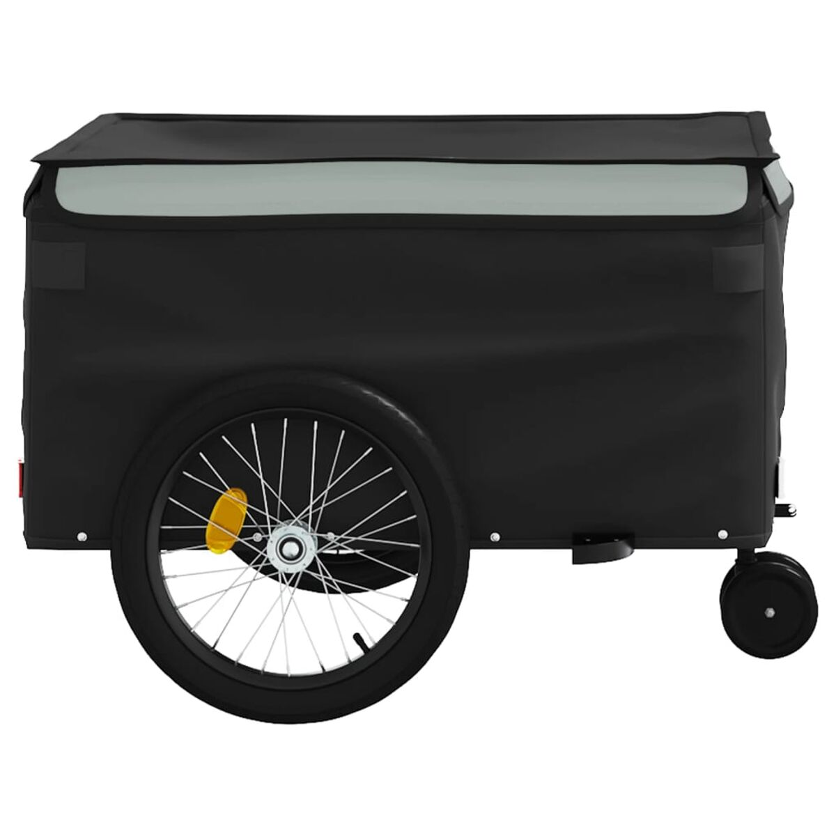 Schwarzer Fahrradanhänger mit schwarzer Abdeckung und einem sichtbaren Rad.