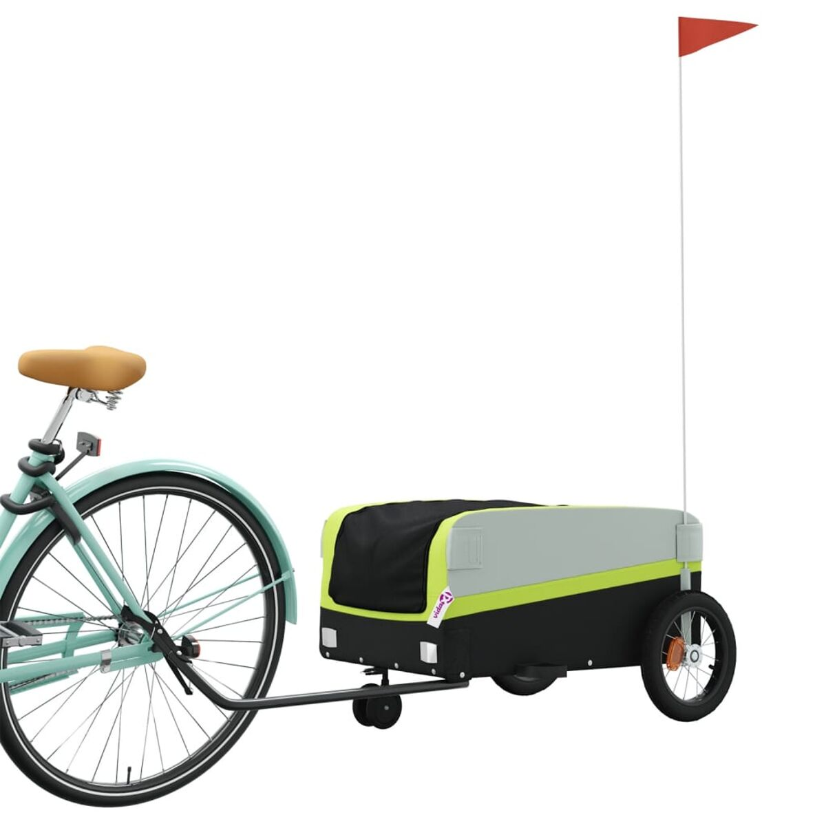 Ein hellblaues Fahrrad zieht einen Anhänger mit Flagge. Der Anhänger ist grau und schwarz.