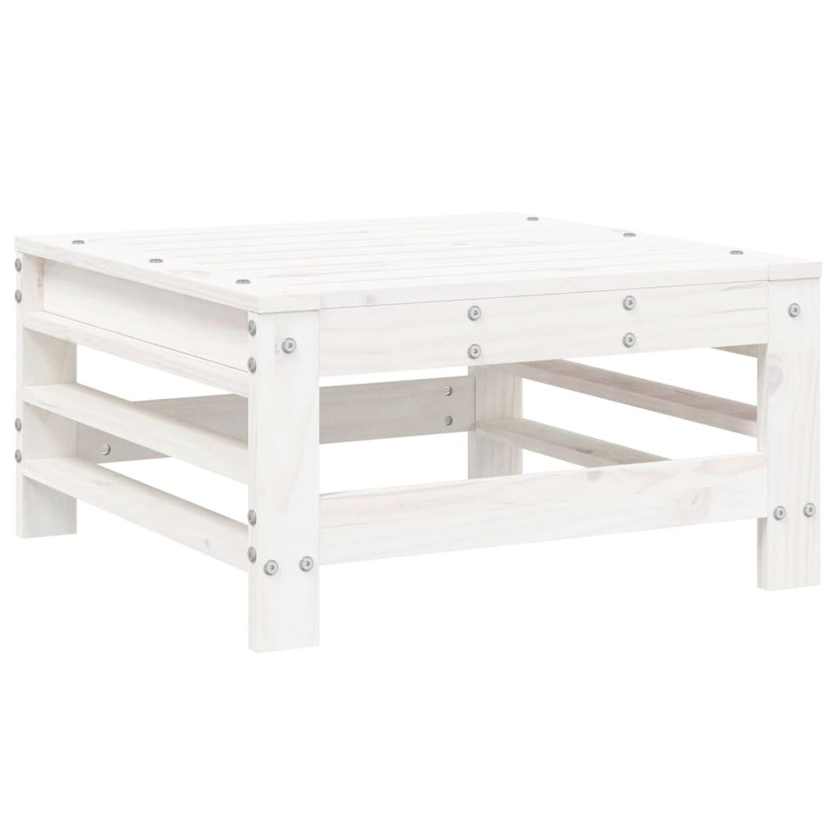 Ein weißer quadratischer Couchtisch mit Lattenrost und Holzfuß.