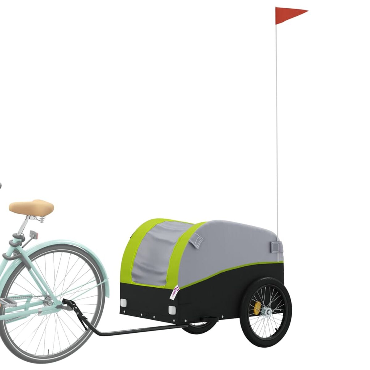 Ein Fahrrad ist mit einem schwarzen und grünen Anhänger mit grauem Bezug und roter Flagge verbunden.