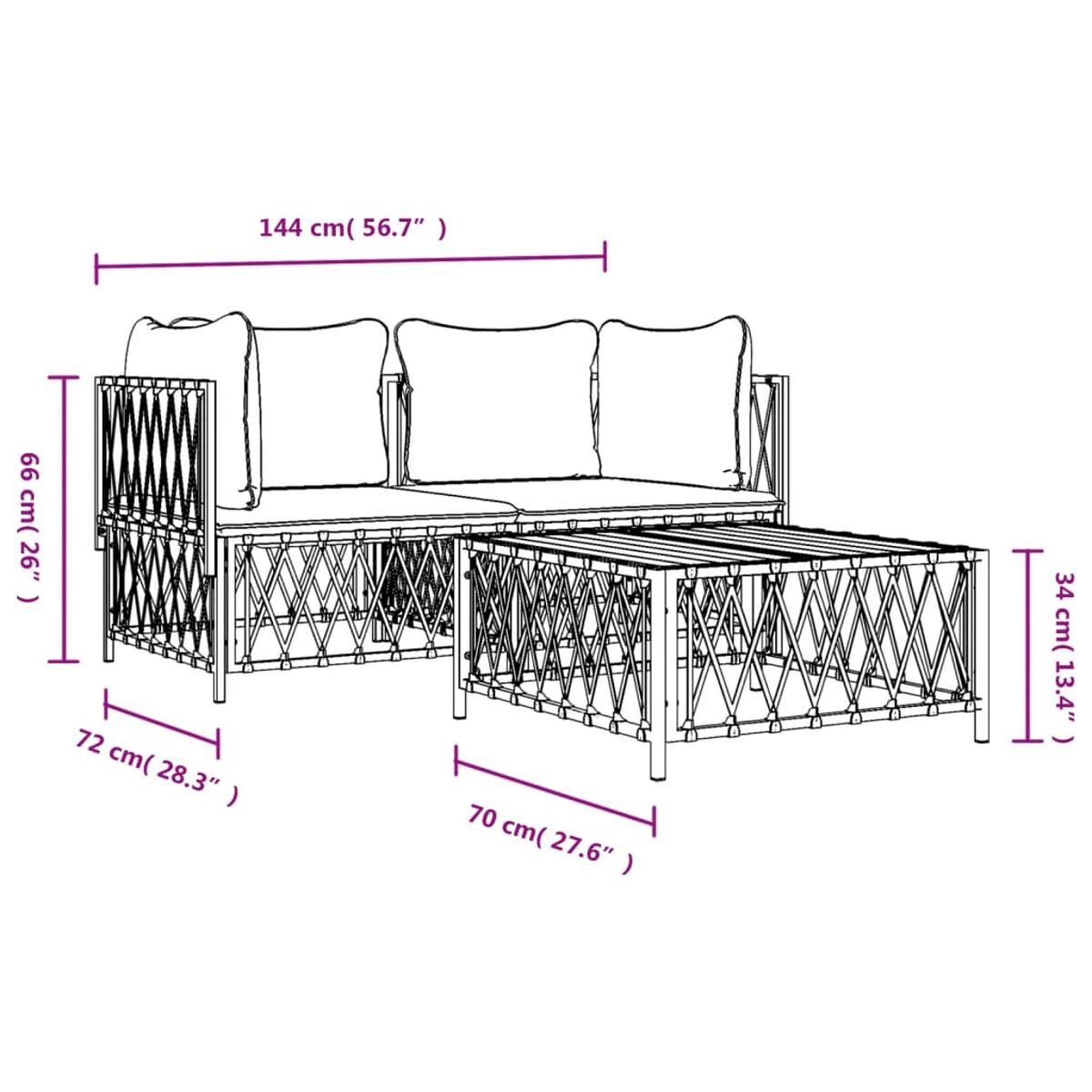 Sofa und Tisch-Set mit Abmessungen in cm und Zoll angegeben.