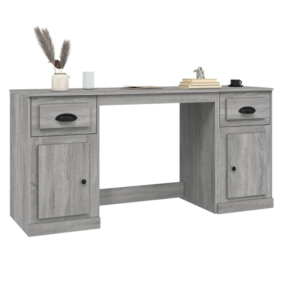 Grauer Schreibtisch mit Schubladen und Schränken. Graue Farbe, weißer Hintergrund.