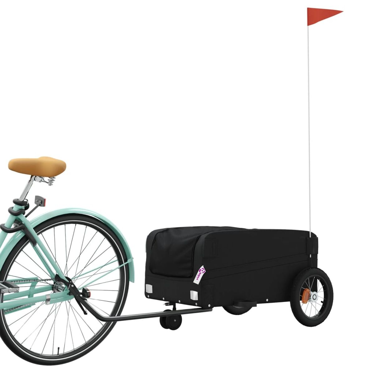 Türkisfarbenes Fahrrad zieht einen schwarzen Anhänger mit roter Flagge. Der Hintergrund ist weiß.