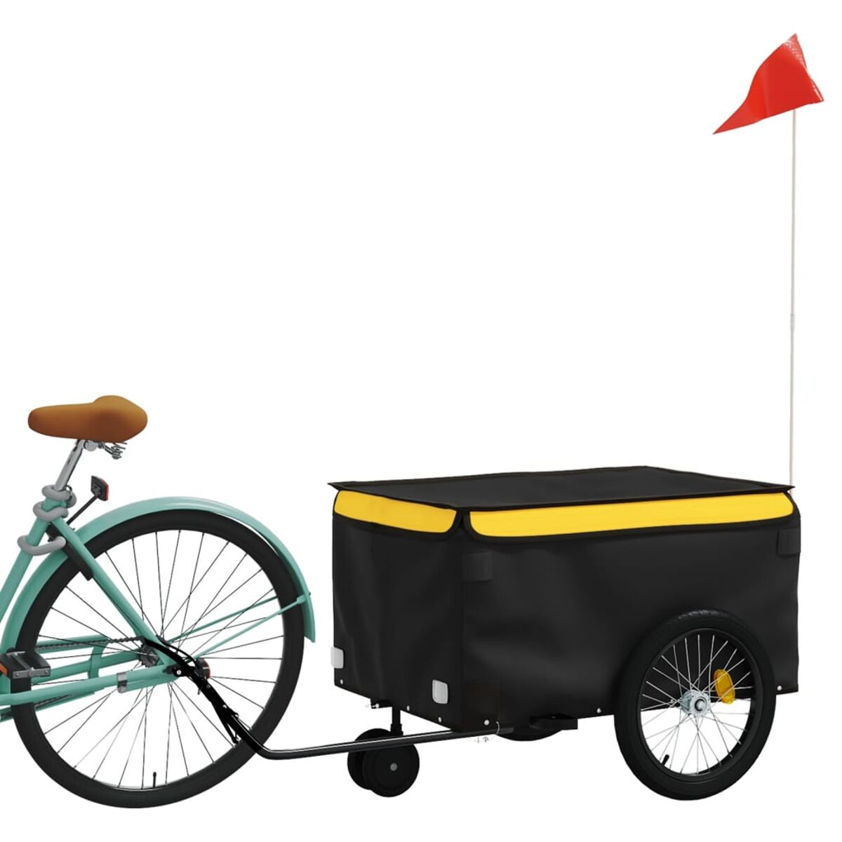 Fahrrad und schwarzer Anhänger mit gelben Akzenten. Ein rotes Fähnchen ist am Rad befestigt.