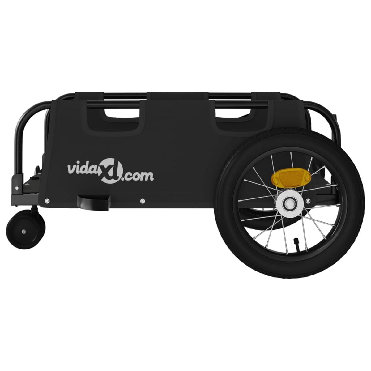 Ein schwarzer Anhänger mit einem Rad. Auf dem Anhänger steht vidaXL.com.