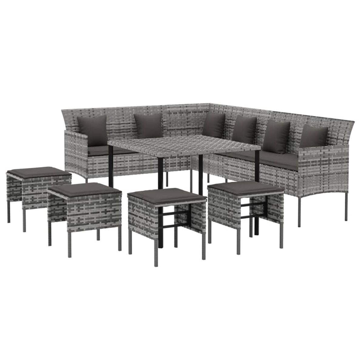 Gartenmöbel-Set mit Ecksofa und Hockern. Graue Kissen und Tisch sind dabei.