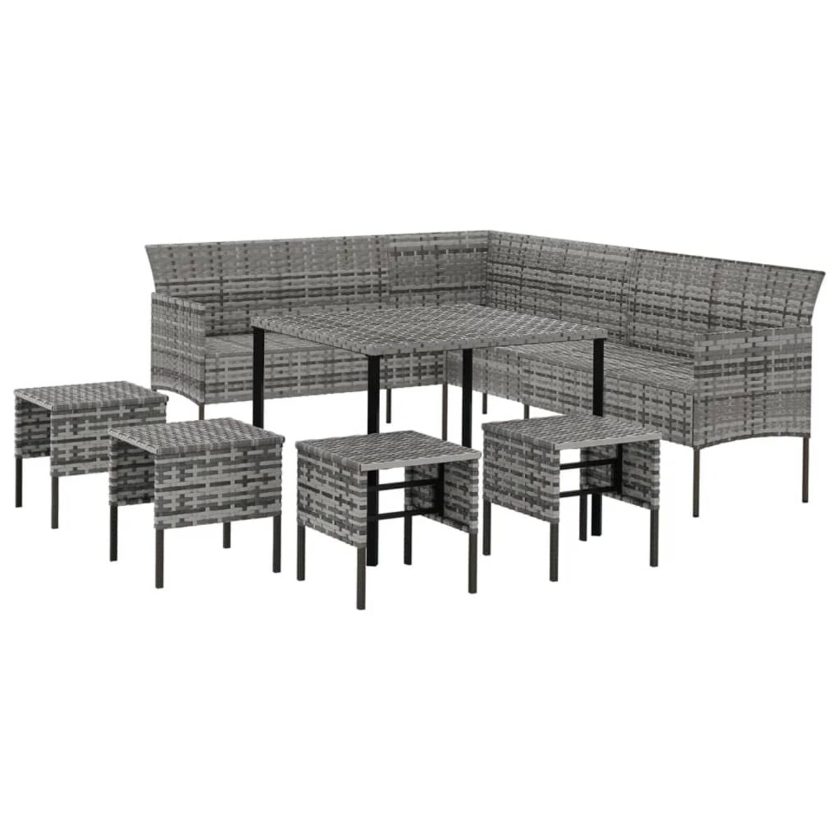 Graues Outdoor-Möbelset aus Korbgeflecht. Enthält Sofa, Tisch und Hocker.