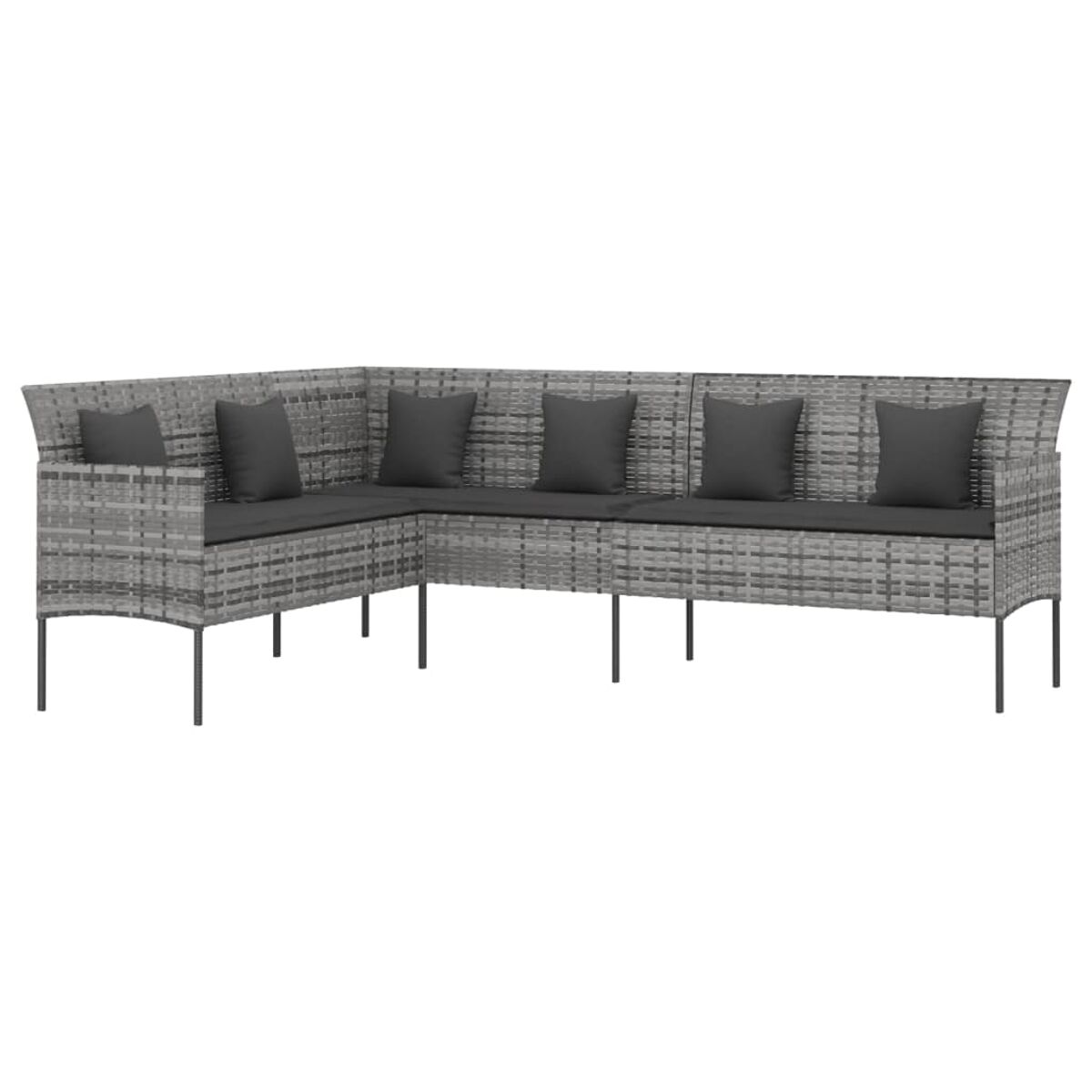 Graues Ecksofa aus Korbgeflecht mit Kissen. Es hat eine L-Form. Vier graue Kissen auf den Sitzen.