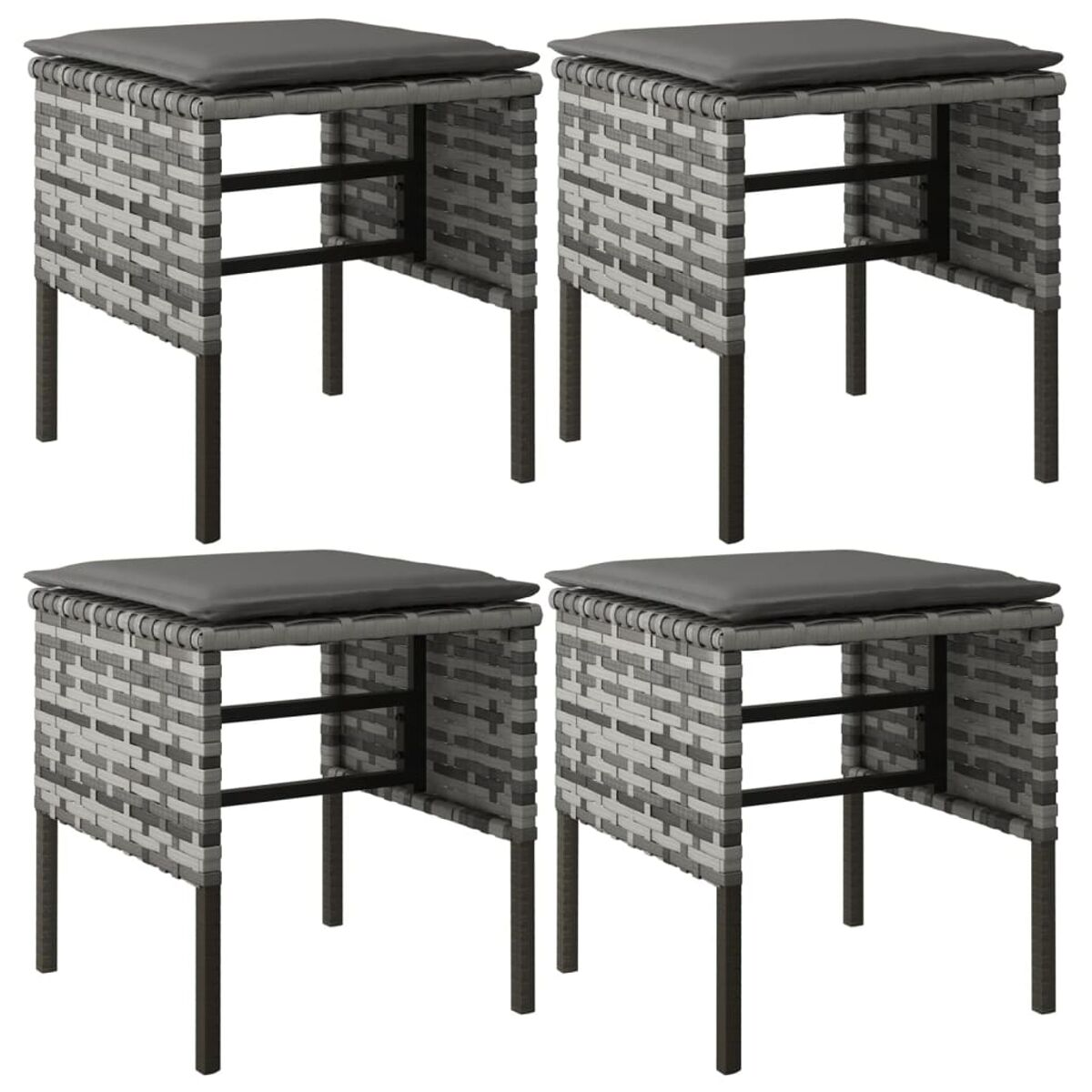 Vier grau-weiß gewebte quadratische Hocker mit schwarzen Beinen und grauen Kissen.