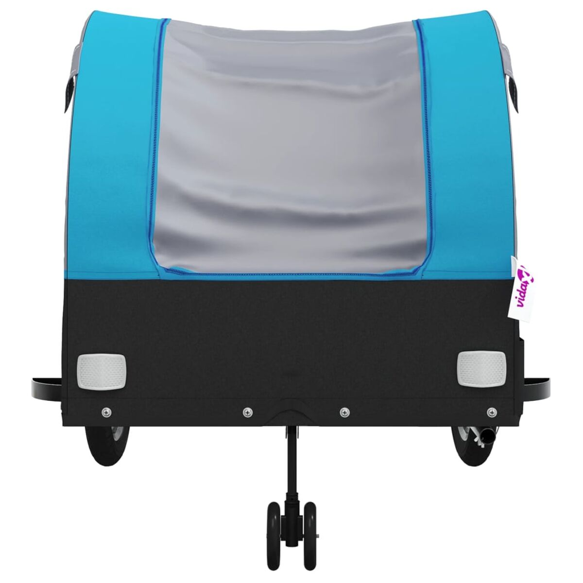 Ein blau-schwarzer Fahrradanhänger. Das Oberteil ist blau und der Anhänger hat zwei Räder.