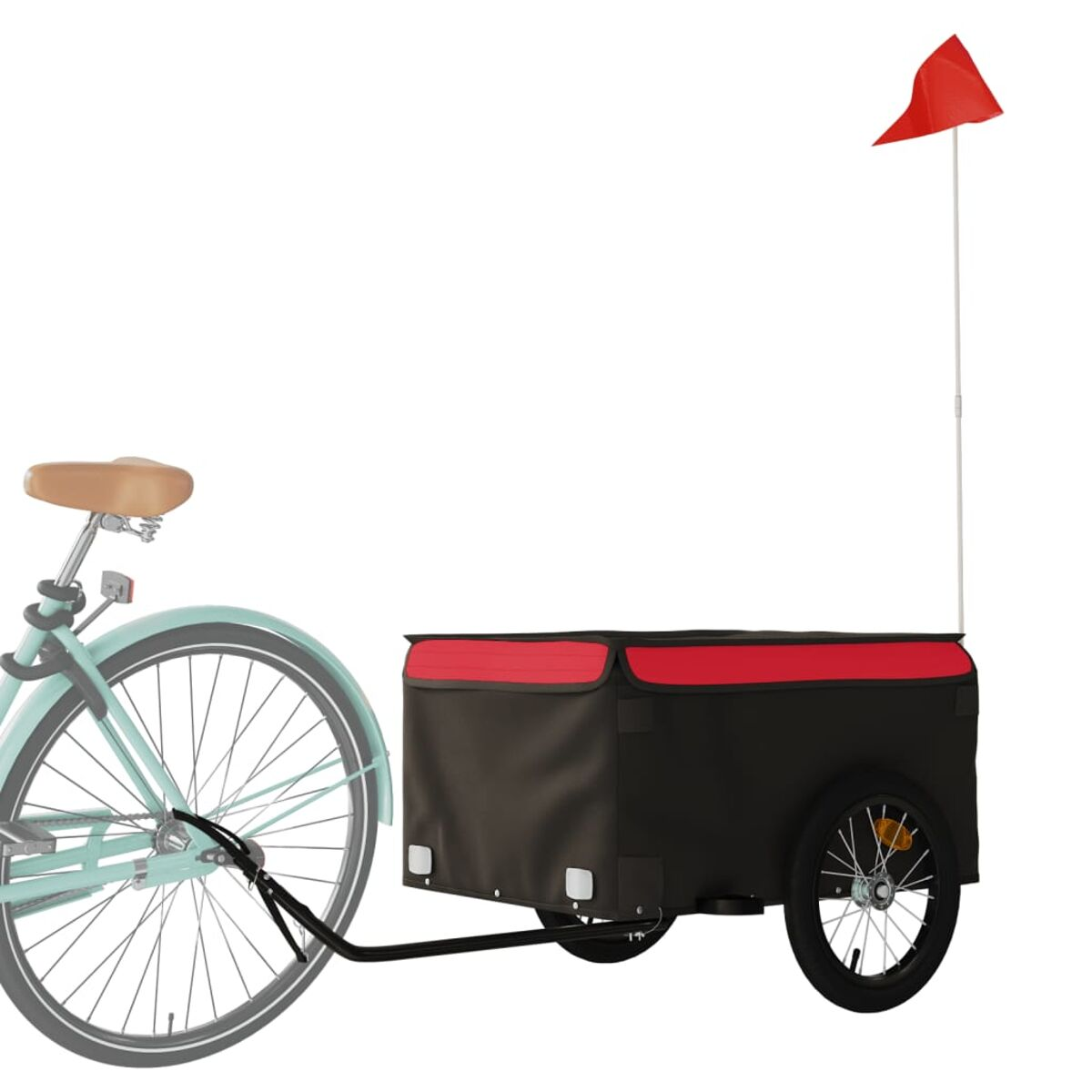 Fahrrad mit Anhänger. Schwarz und rot mit roter Flagge. Zeigt das Rad.