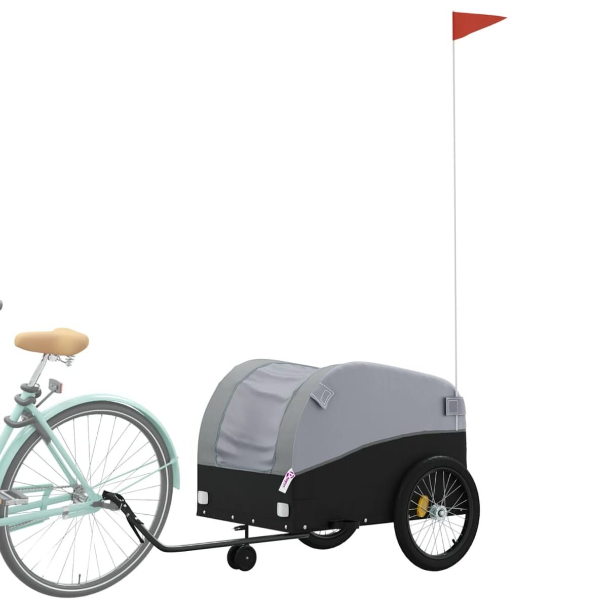 Ein hellblaues Fahrrad zieht einen grau-schwarzen Anhänger mit roter Fahne.