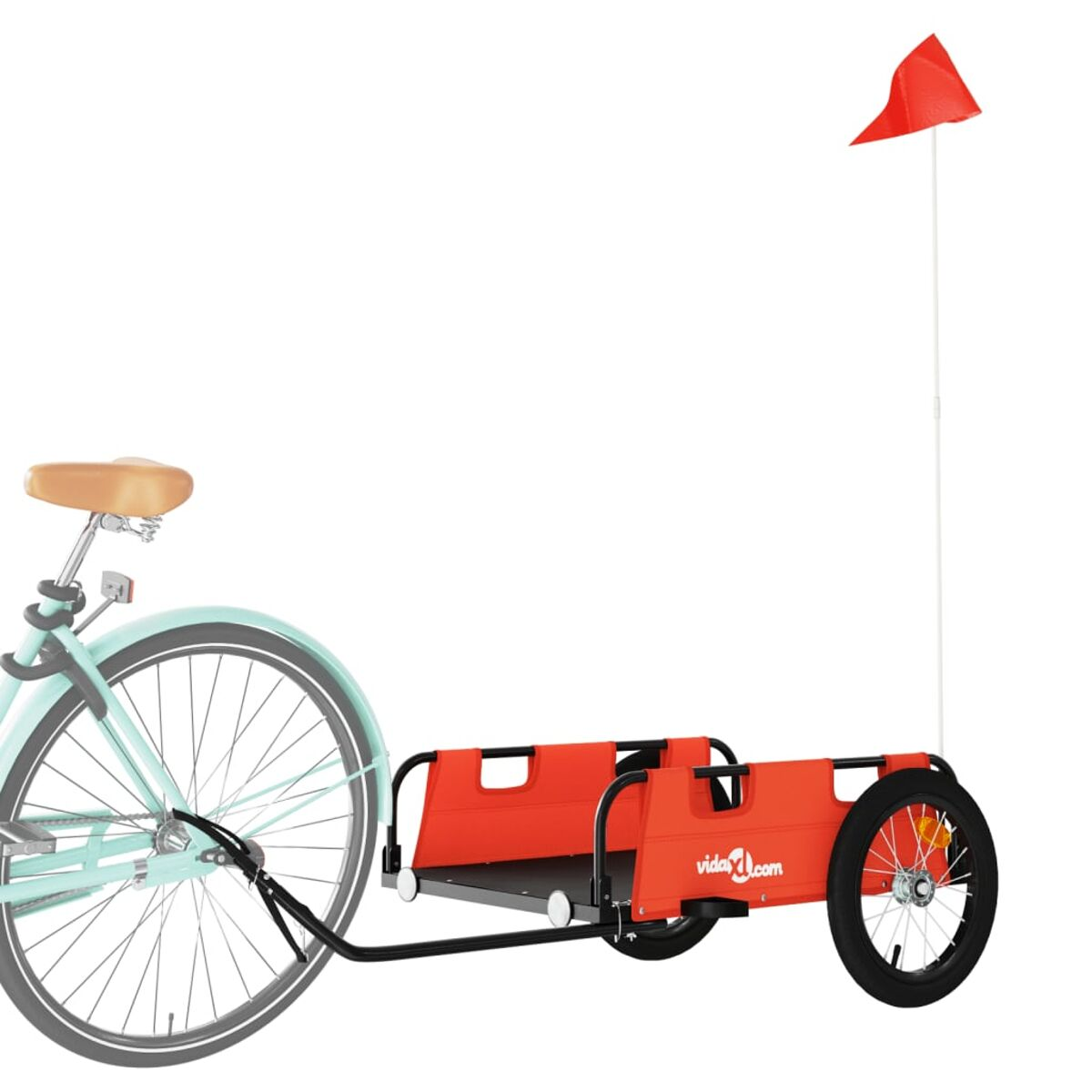 Blaues Fahrrad mit orangefarbenem Anhänger und roter Flagge.