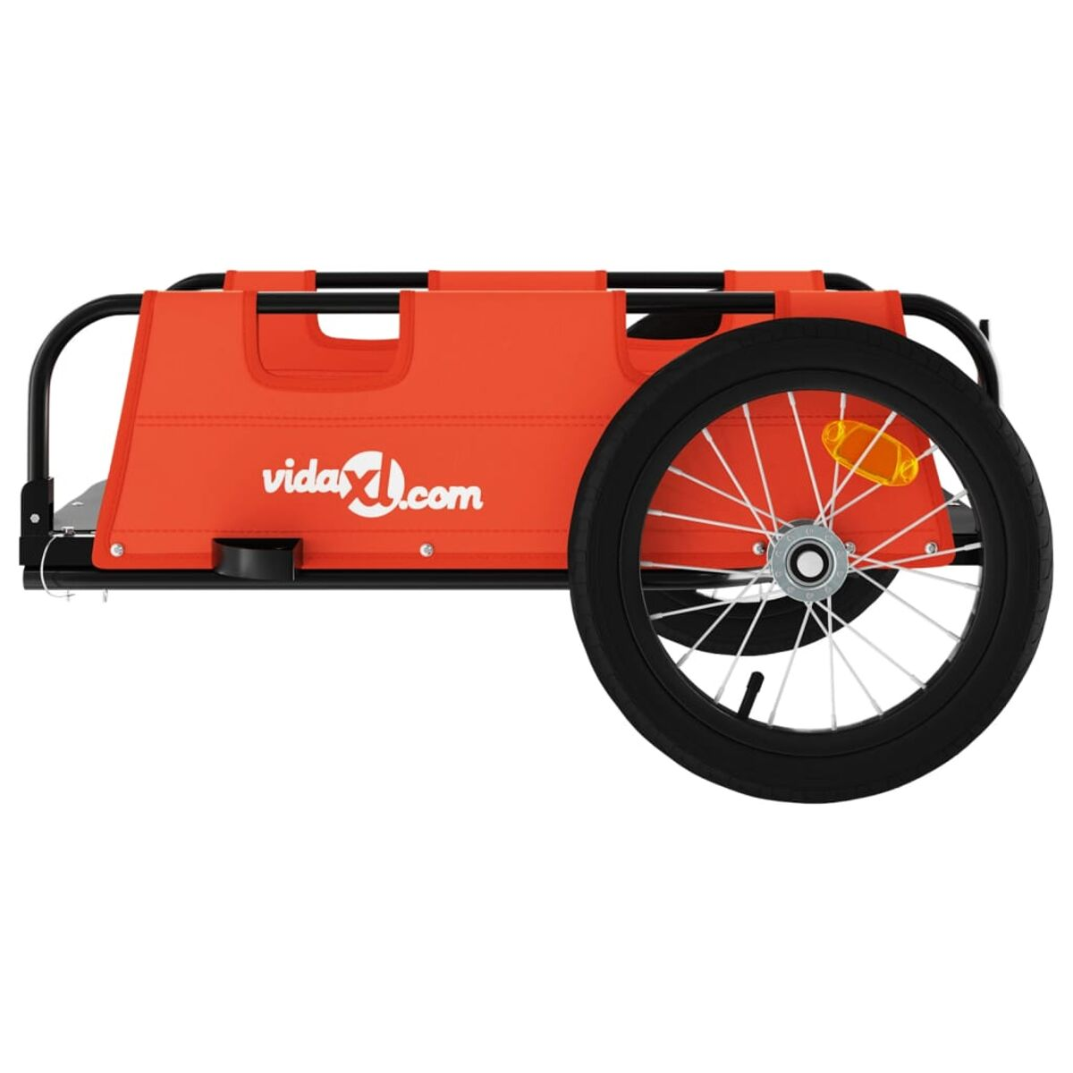 Ein orangefarbener Anhänger, von dem ein Rad sichtbar ist. Er hat einen schwarzen Reifen und Rahmen.