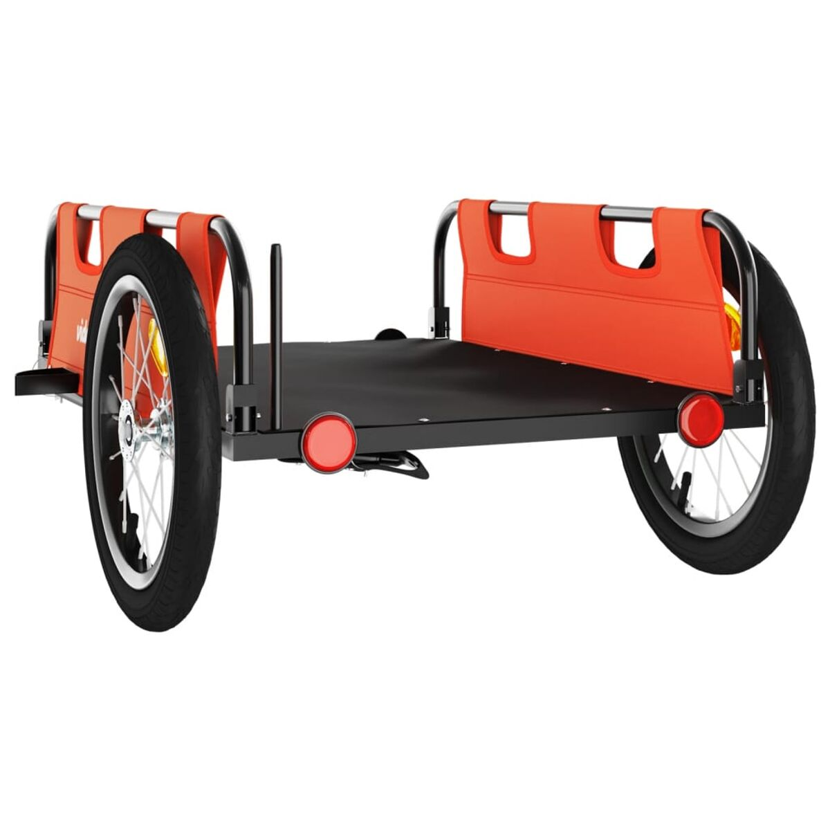 Fahrradanhänger; schwarzer Rahmen, orange Seiten, zwei Räder und rote Lichter.