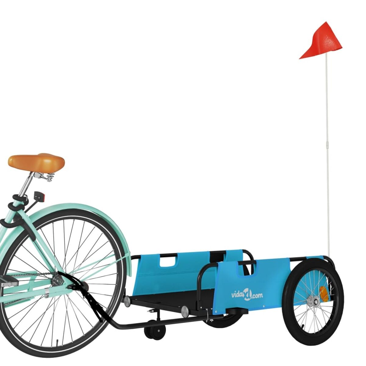 Ein türkisfarbenes Fahrrad mit Anhänger. Eine rote Fahne ist am Anhänger befestigt.