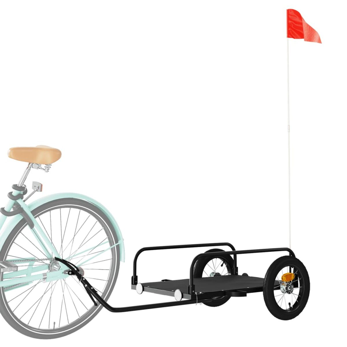 Ein Fahrrad mit Anhänger und einer roten Fahne.
