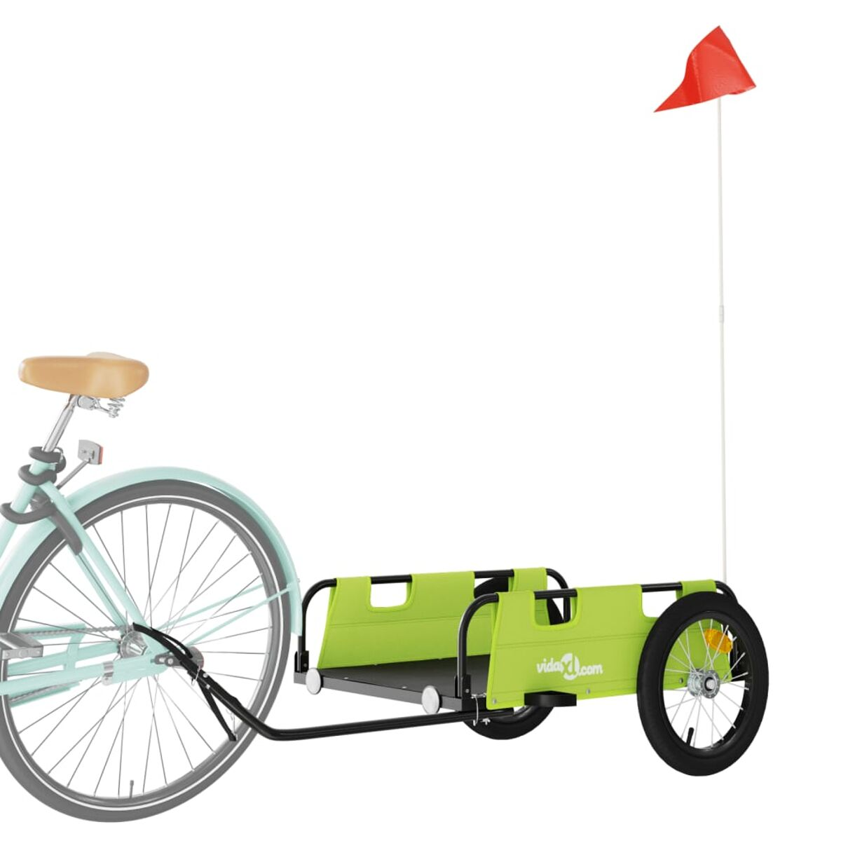 Ein Fahrrad mit einem grünen Anhänger und einer roten Flagge.