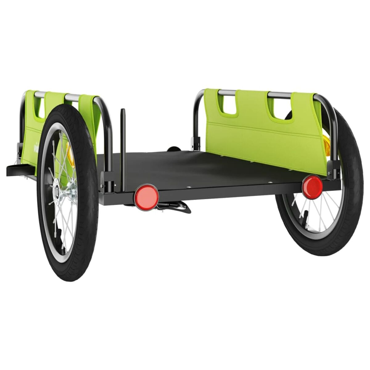 Grüner und schwarzer Fahrradanhänger mit zwei Rädern, grünen Sitzlehnen und schwarzer Basis.