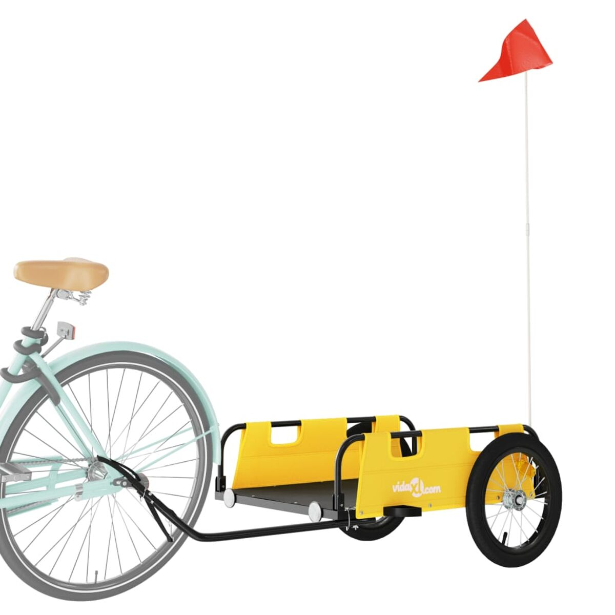 Ein Fahrrad zieht einen gelben Anhänger mit roter Fahne. Auf dem Anhänger steht vida.com.
