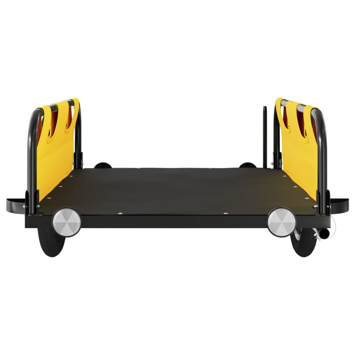 Schwarz-gelber Wagen mit Rädern, von oben gesehen. Gelbe Stangen an den Seiten, schwarze Basis.