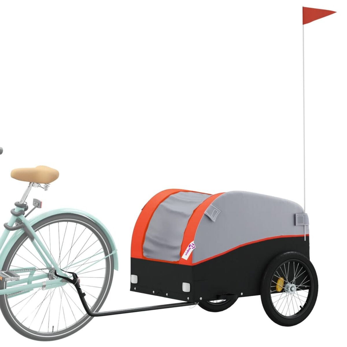 Ein blaues Fahrrad zieht einen schwarz-orangen Anhänger mit roter Fahne.