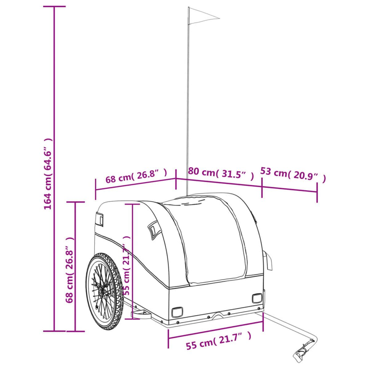 Ein Diagramm eines Anhängers mit Maßen. Es hat eine Fahne, ein Rad und Abmessungen in cm.