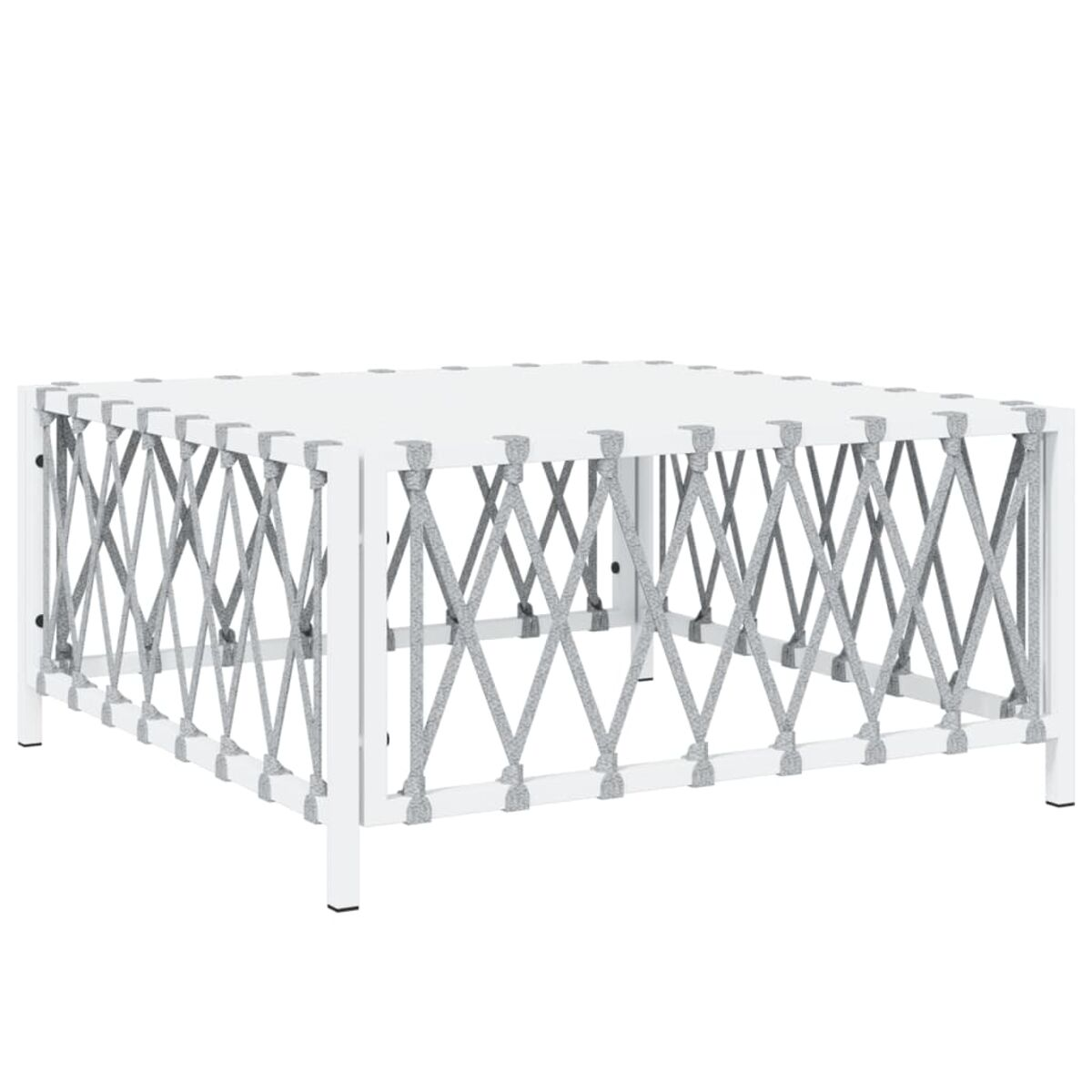 Ein weißer quadratischer Tisch mit grauem Webrahmen.