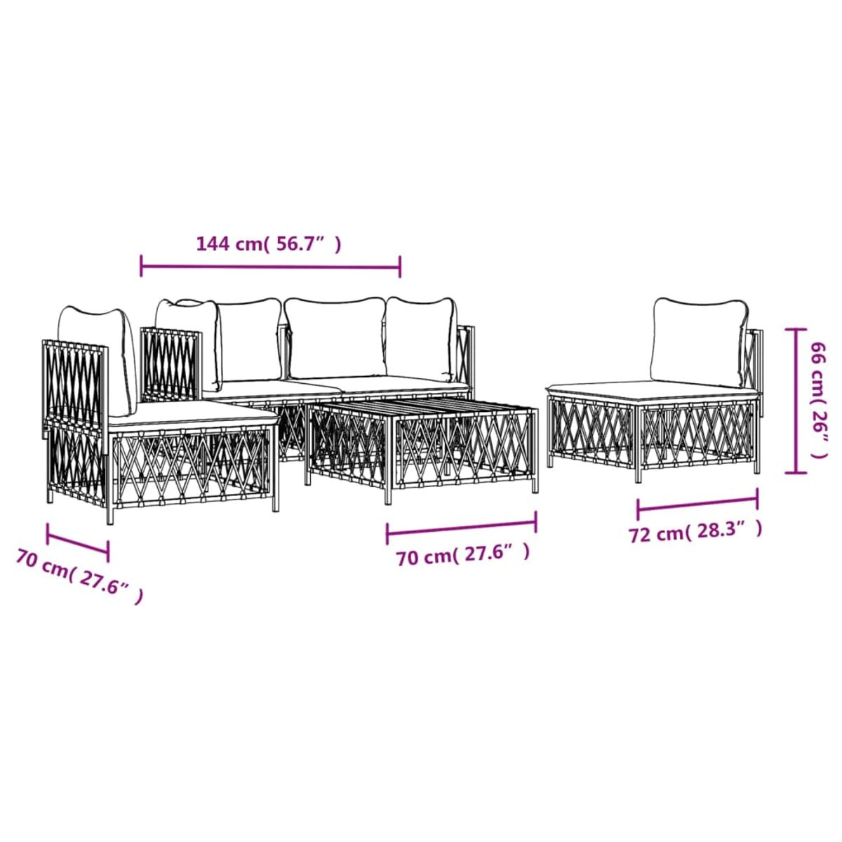 Diagramm eines Terrassensets. Es zeigt die Abmessungen der Möbel, einschließlich Sofa und Stuhl.