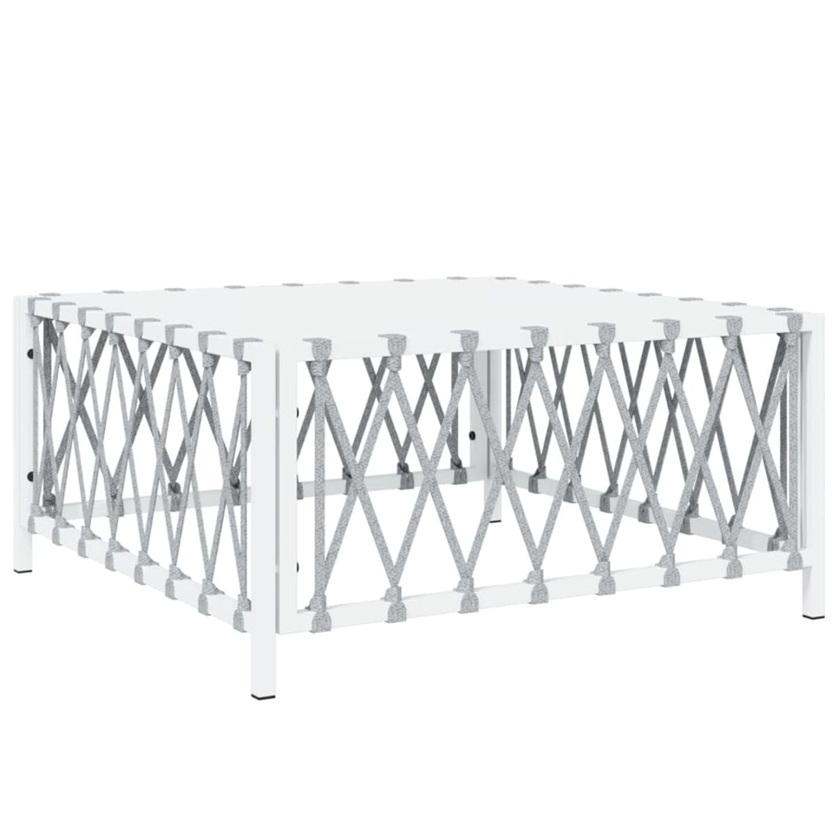 Weißer quadratischer Couchtisch mit grauen gewebten Seiten. Einfaches Design, moderne Ästhetik.
