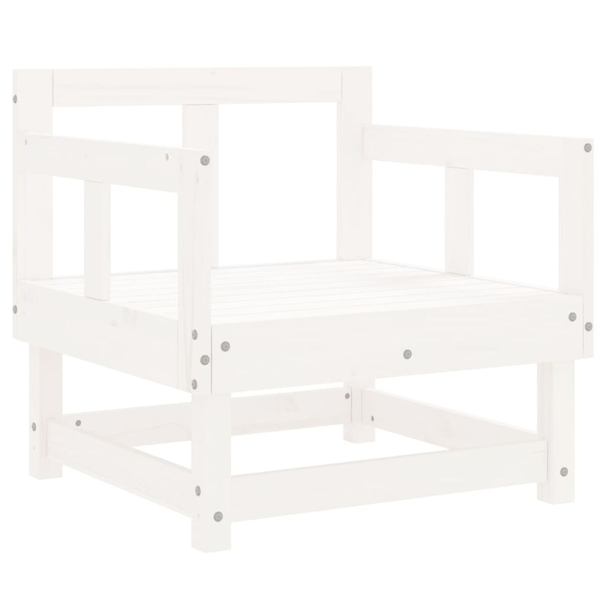 Ein weißer Holz-Armlehnstuhl. Er hat einen quadratischen Sitz und einen Rückenrahmen.