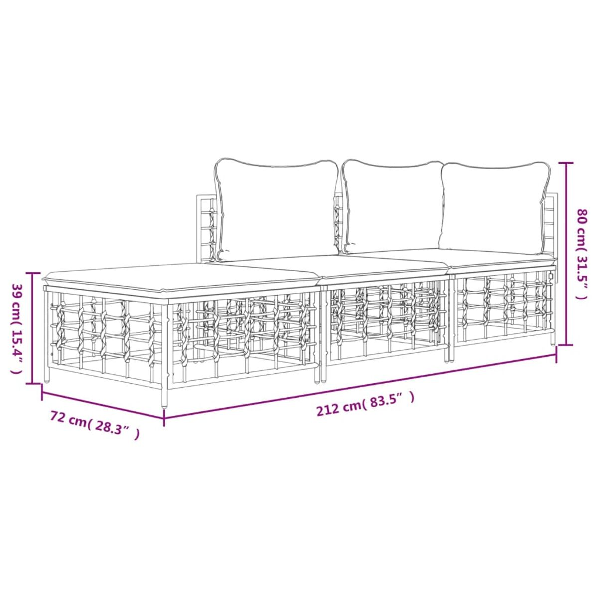 Ein Outdoor-Sofa mit Abmessungen. Es hat einen weißen Rahmen mit Drahtmuster.