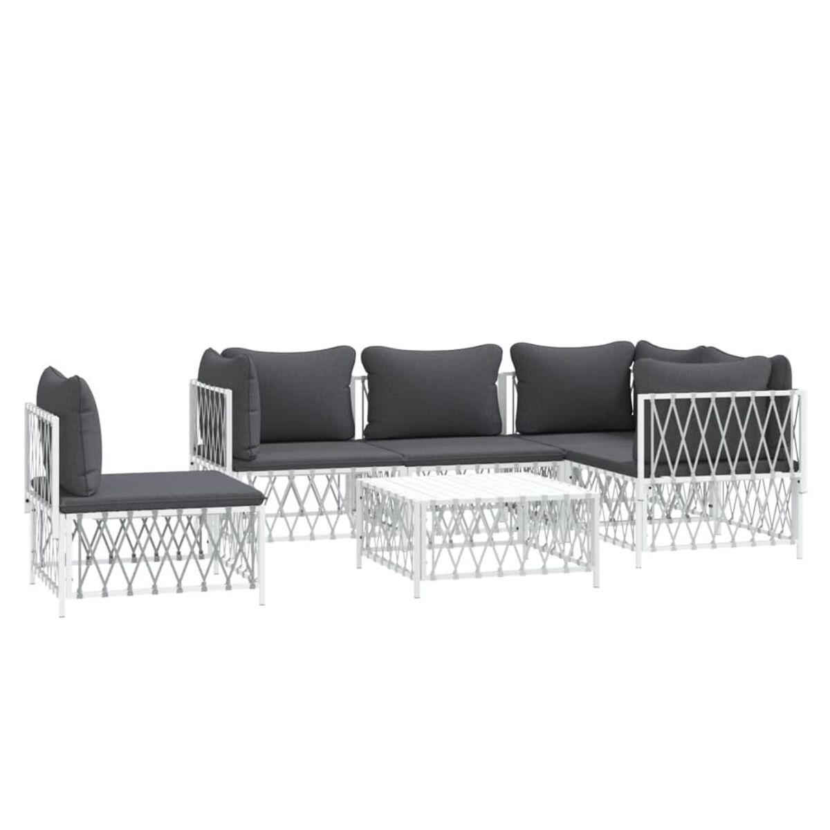 Weißes Outdoor-Sofa-Set mit grauen Kissen und einem weißen Tisch.