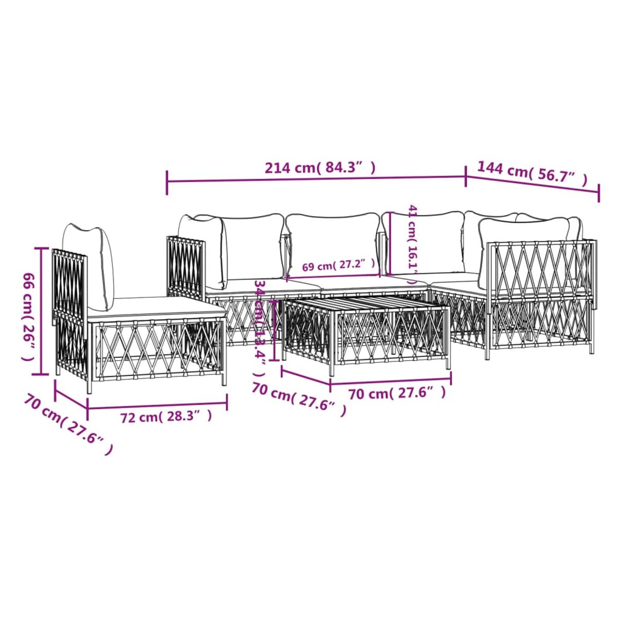 Diagramm eines Sitzgruppen-Sets im Freien mit Abmessungen. Zeigt ein Sofa, einen Stuhl und einen Tisch. Weißer Hintergrund.