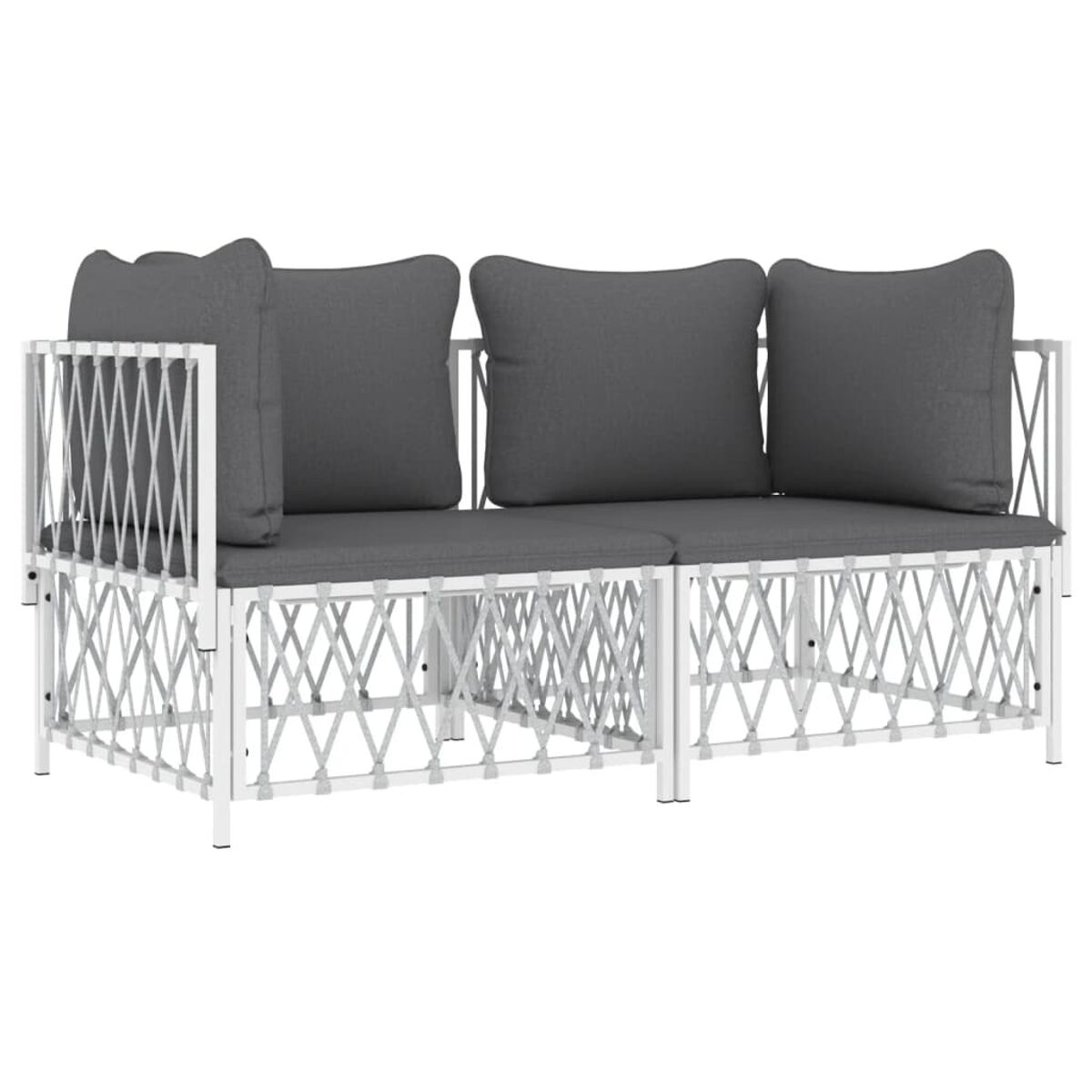Ein Outdoor-Sofa mit weißem Rahmen und grauen Kissen.