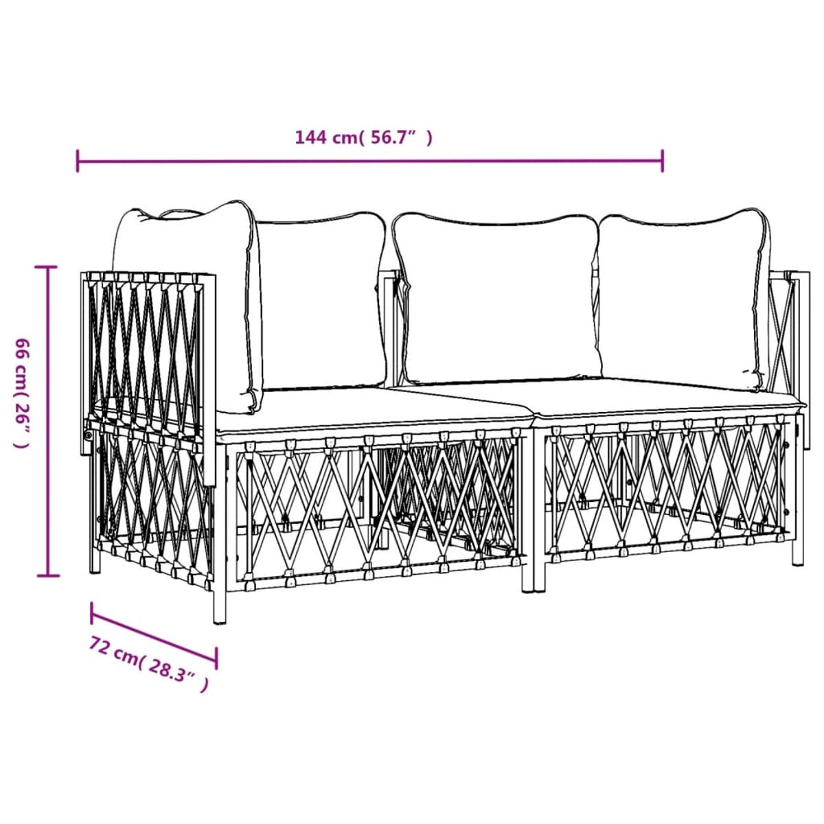 Diagramm eines Sofas mit Abmessungen. Es ist ein modernes Design mit Kissen.