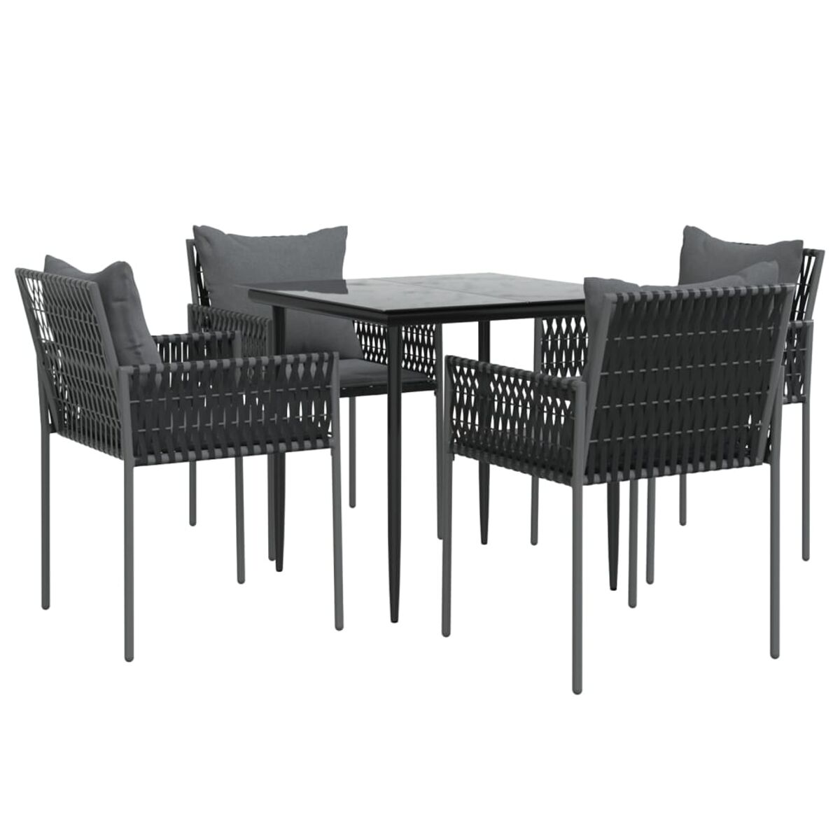 Garten-Essgruppe mit grauen Kissen und einem quadratischen Tisch. Stühle haben gewebte Rücken und Arme.