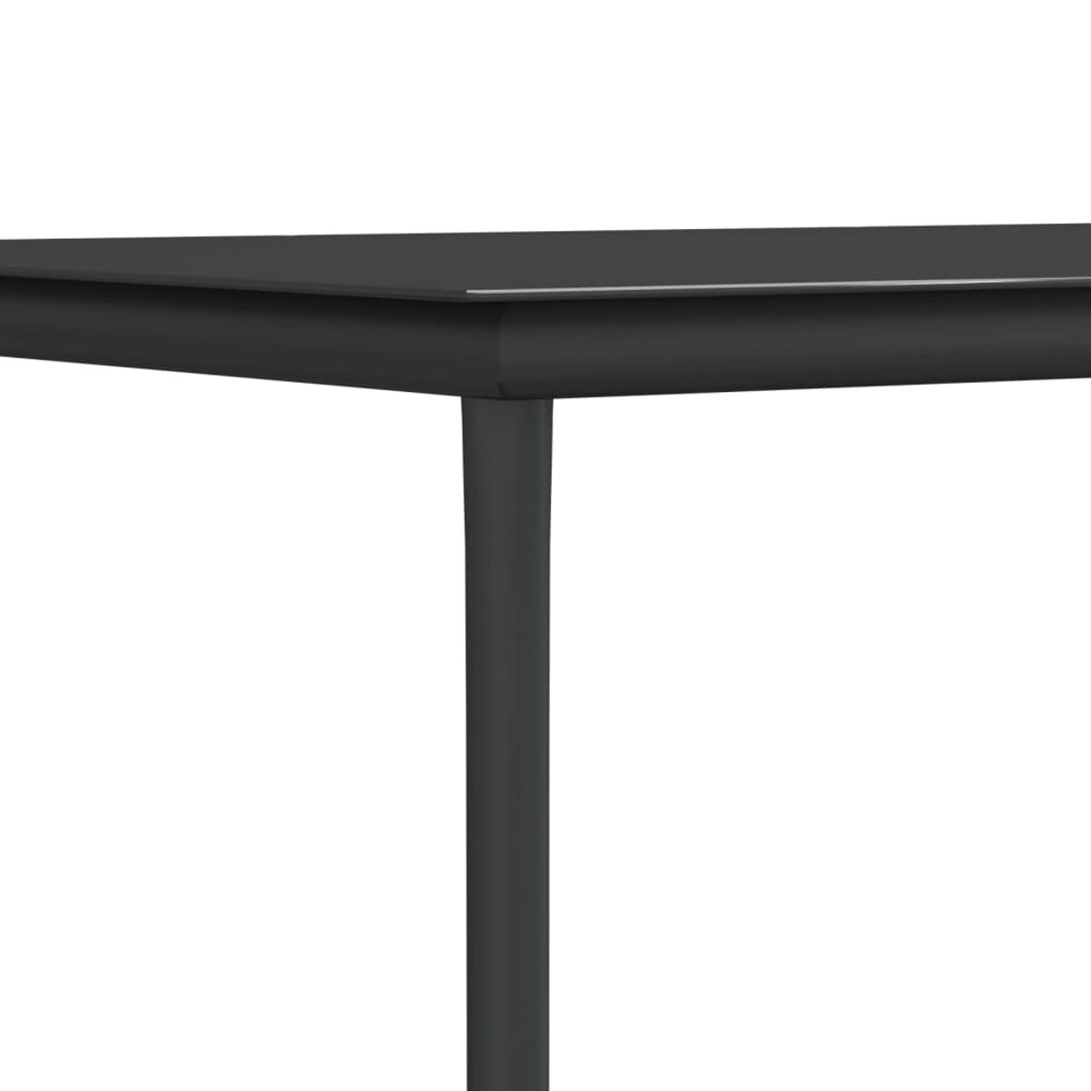 Schwarze Tischkante. Der Tisch hat eine glänzende Oberfläche. Das Bein ist ebenfalls schwarz und zylindrisch.