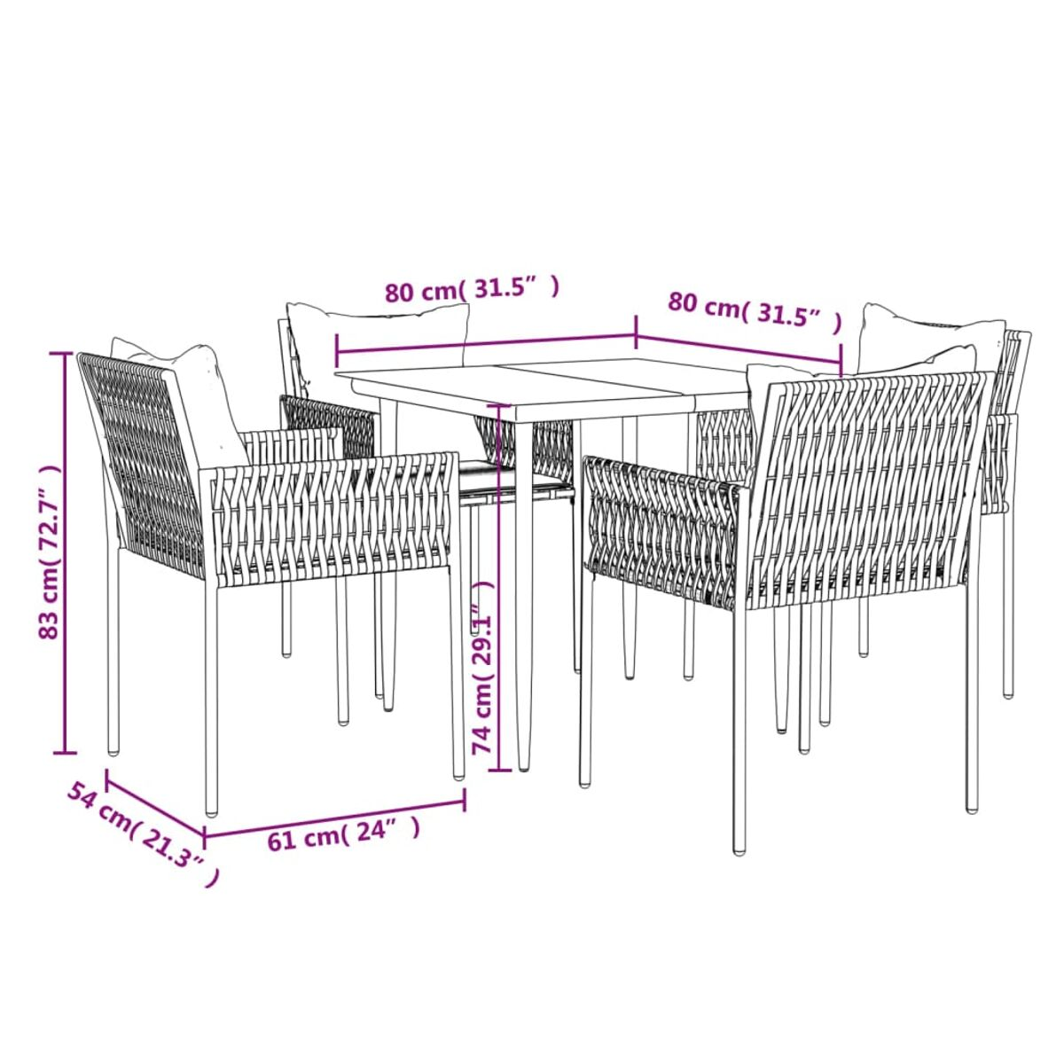 Ein Ess-Set mit Tisch und Stühlen, mit Abmessungen in cm.
