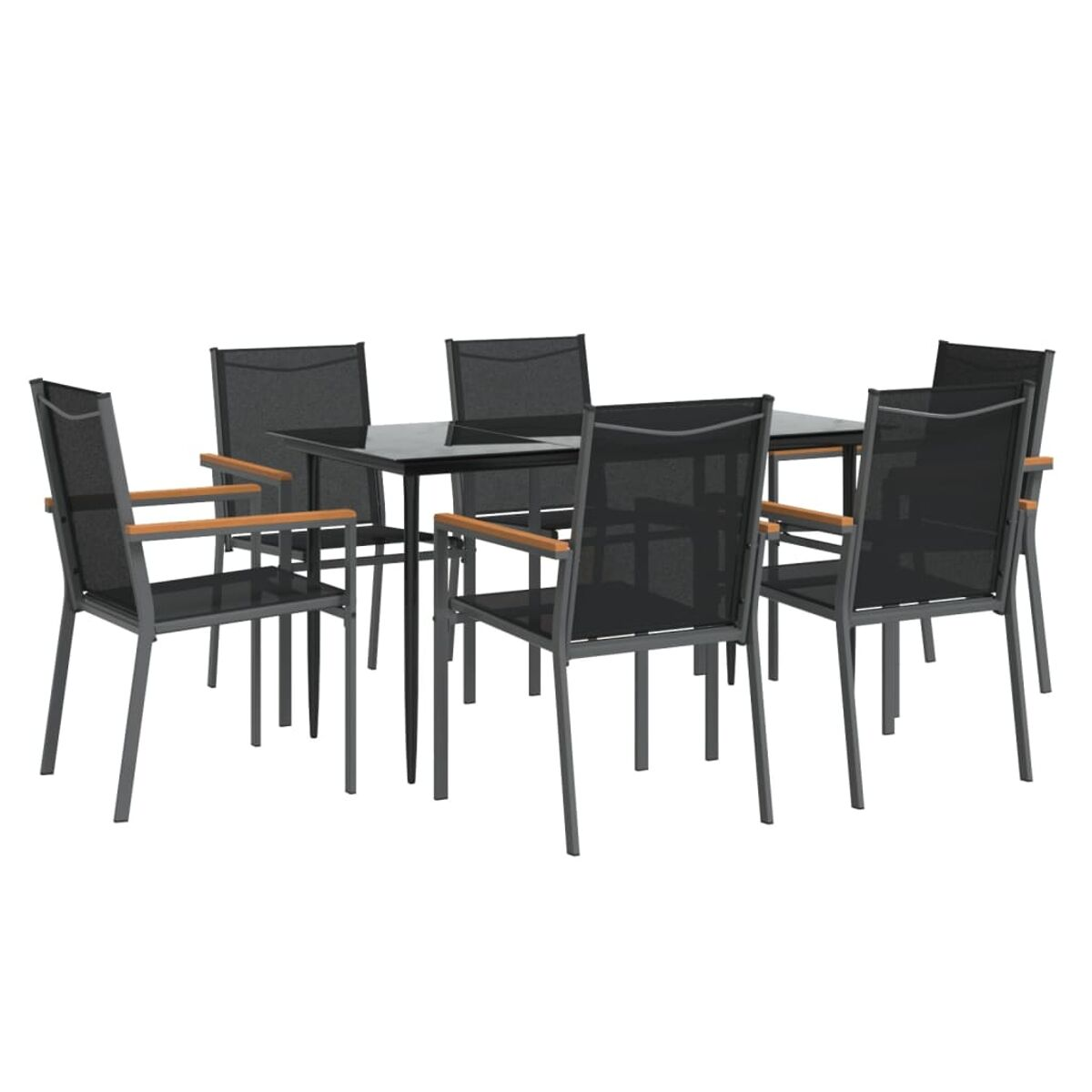 Ein schwarzes Ess-Set mit Holzarmlehnen und schwarzen Netzsitzen.