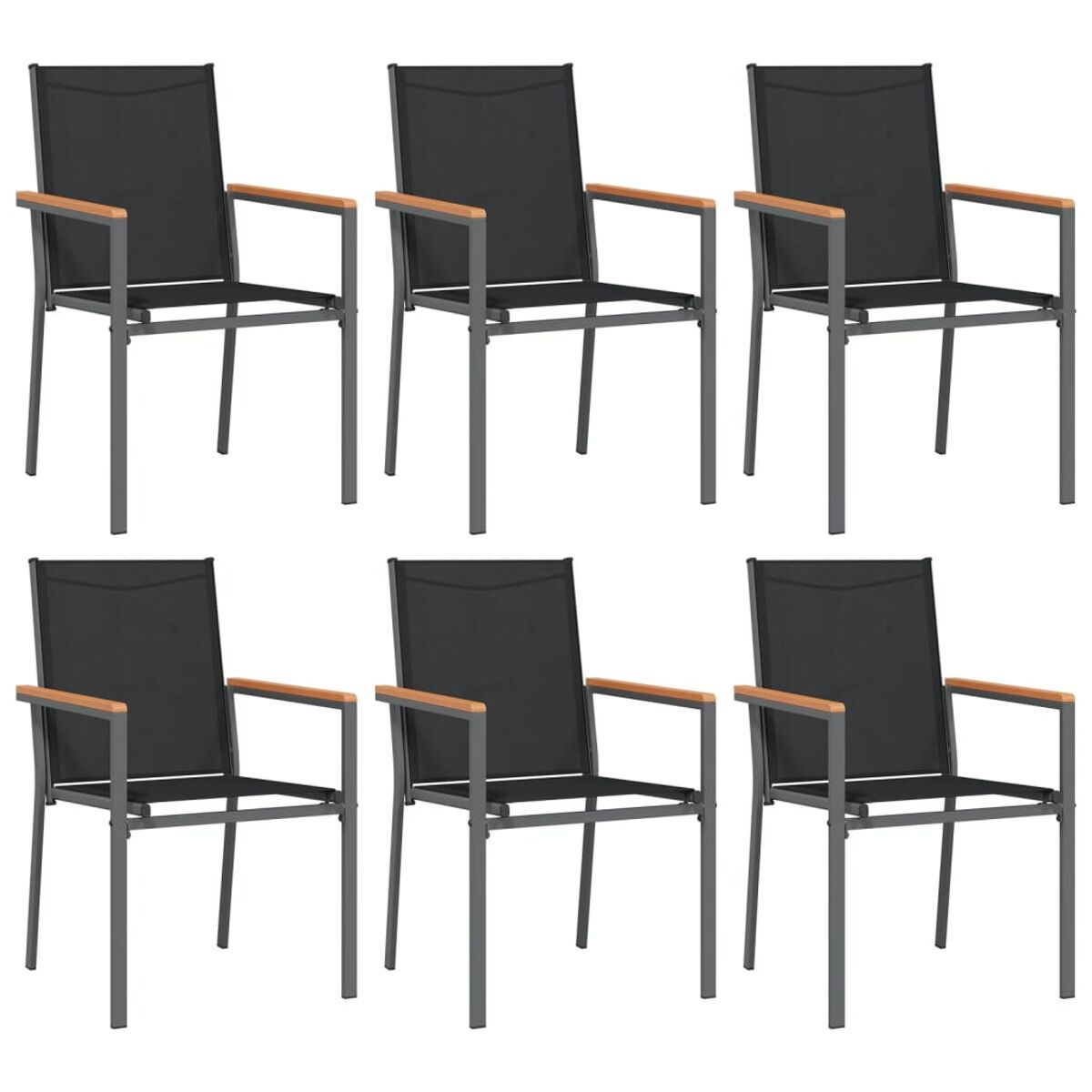 Sechs schwarze Stühle für den Außenbereich mit Holzarmlehnen, in einer Gruppe angeordnet.