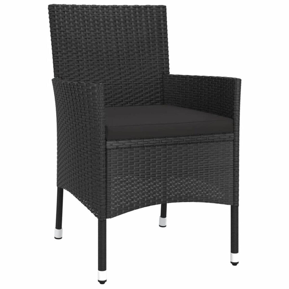 Schwarzer Rattan-Stuhl mit Kissen. Weiße Füße, Armlehnen. Hoher Rücken, schlichtes modernes Design.