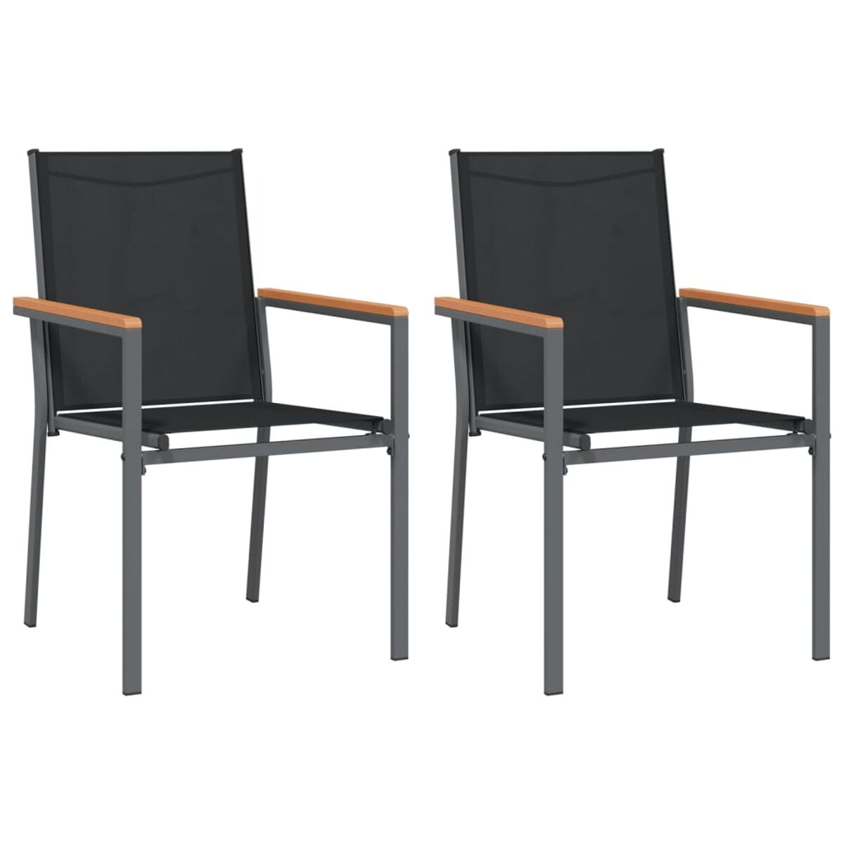 Zwei schwarze Outdoor-Stühle mit grauen Gestellen und Holzarmlehnen.
