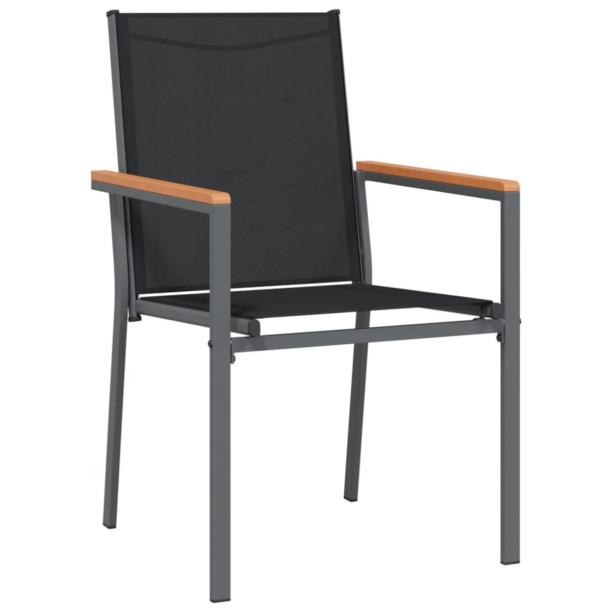 Moderner Outdoor-Stuhl mit schwarzem Stoffbezug und Holzarmlehnen.