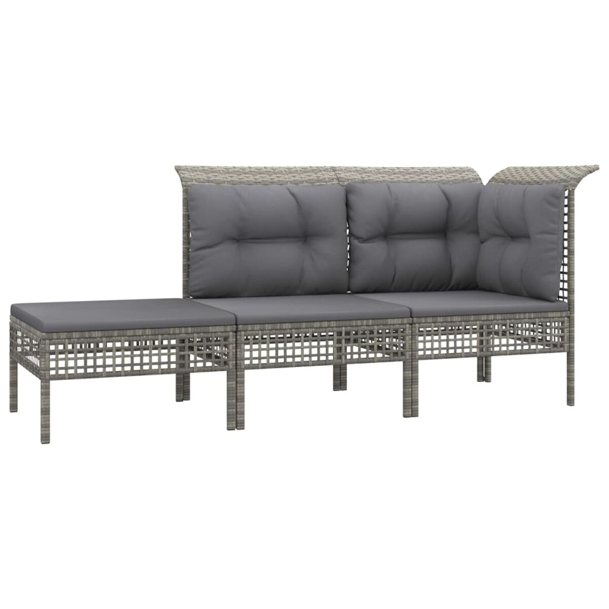 Graues Outdoor-Ecksofa aus Korbgeflecht mit Kissen auf weißem Hintergrund.