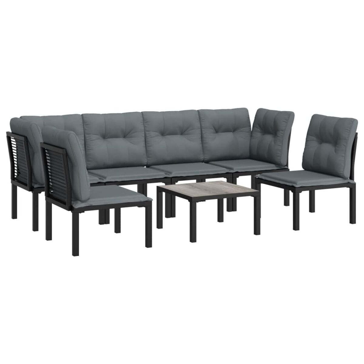 Outdoor-Sitzgruppe mit grauen Kissen, schwarzem Rahmen und einem quadratischen Tisch. Sauberes, modernes Design.
